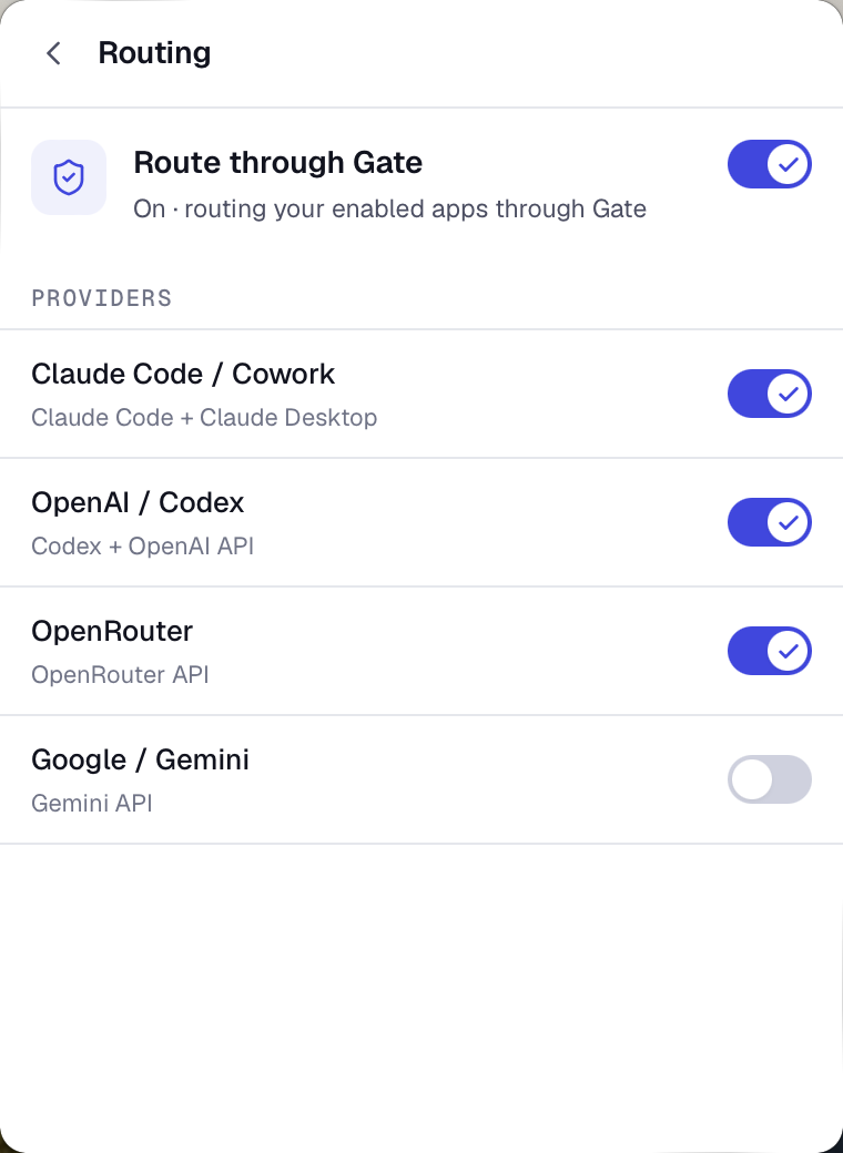 Gate Connect routing screen: a Route through Gate toggle above per-app toggles for Claude Code and Claude Desktop, Codex, OpenRouter, and Gemini.