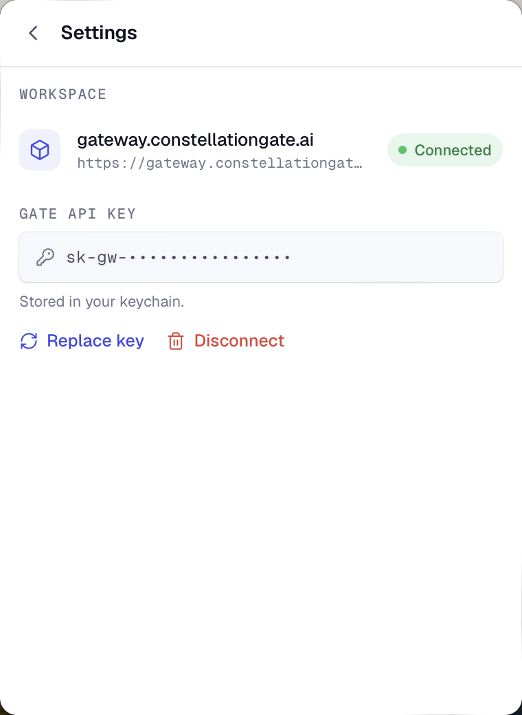 Gate Connect Settings screen showing the connected gateway, the stored Gate API key, and Replace key and Disconnect actions.