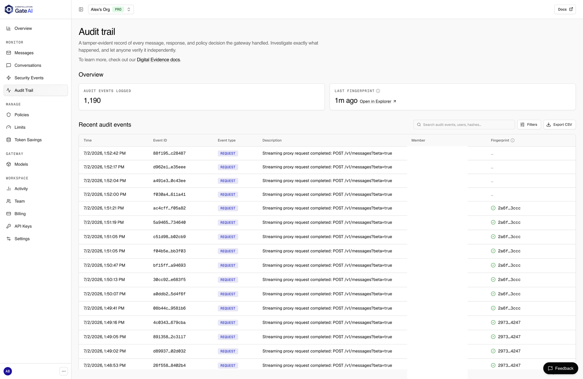 Gate dashboard Audit Trail page: overview cards for total audit events logged and the time of the last fingerprint with a link to open it in the explorer, above a table of recent events showing time, event id, event type, description, member, and fingerprint hash.
