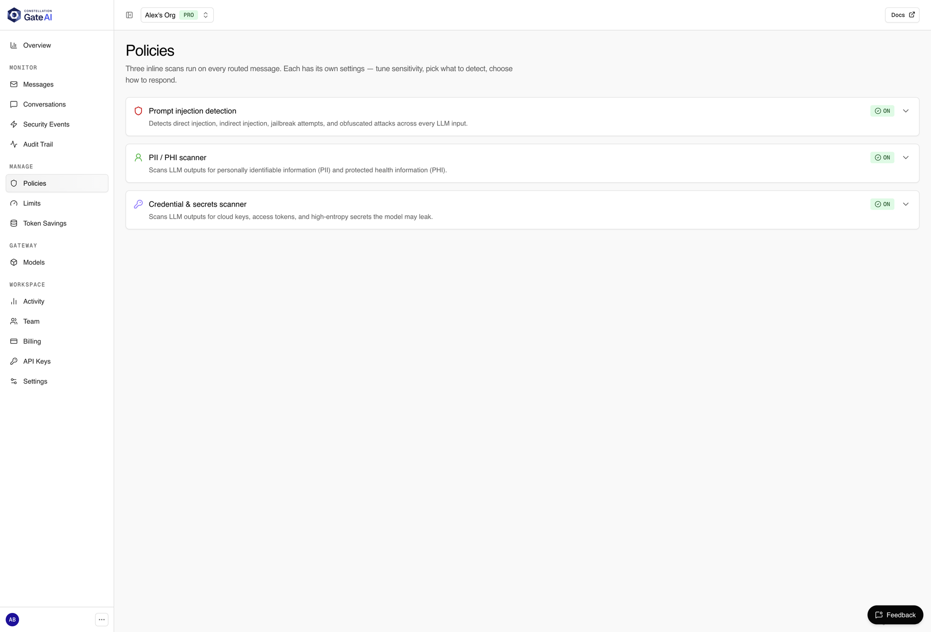 Gate dashboard Policies page: three inline scans, each shown ON with an expandable settings row: prompt-injection detection, PII/PHI scanner, and credential and secrets scanner.